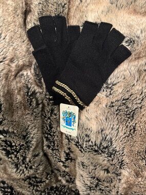 Portolano Black Fingerless Cashmere Gloves with Gold Chain Detail